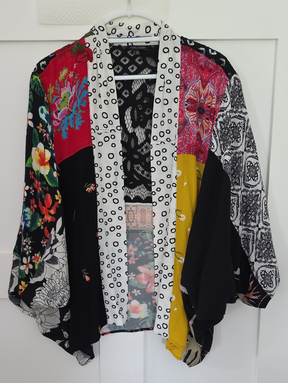 John Mark Mixed-Print Open Front Kimono Jacket - Black Multi  XL